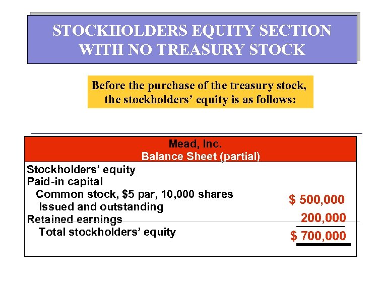 STOCKHOLDERS EQUITY SECTION WITH NO TREASURY STOCK Before the purchase of the treasury stock,