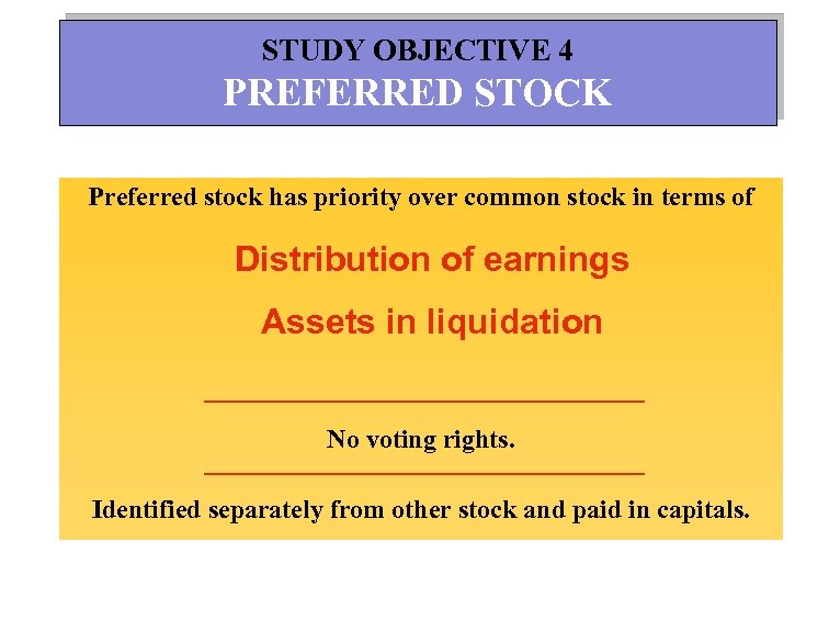 STUDY OBJECTIVE 4 PREFERRED STOCK Preferred stock has priority over common stock in terms