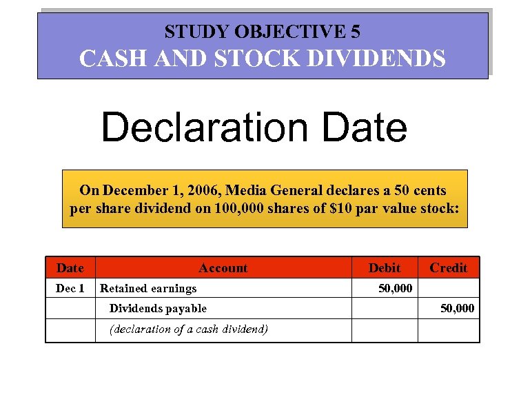 STUDY OBJECTIVE 5 CASH AND STOCK DIVIDENDS Declaration Date On December 1, 2006, Media