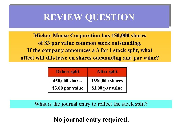 REVIEW QUESTION Mickey Mouse Corporation has 450, 000 shares of $3 par value common