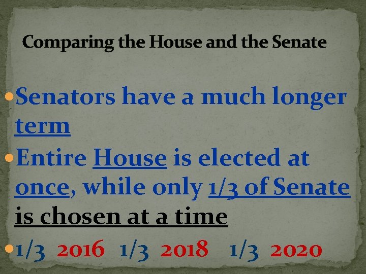 Comparing the House and the Senate Senators have a much longer term Entire House