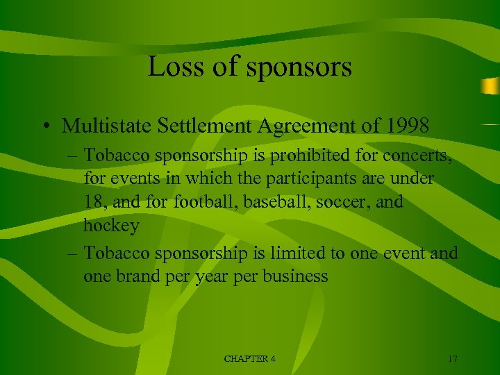 Loss of sponsors • Multistate Settlement Agreement of 1998 – Tobacco sponsorship is prohibited