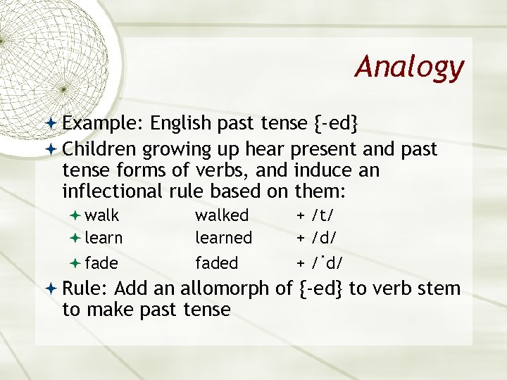 Analogy Example: English past tense {-ed} Children growing up hear present and past tense