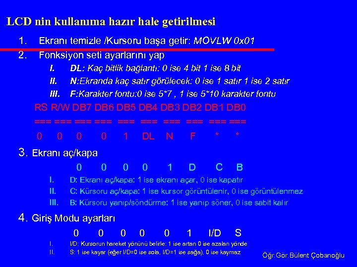 LCD nin kullanıma hazır hale getirilmesi 1. 2. Ekranı temizle /Kursoru başa getir: MOVLW