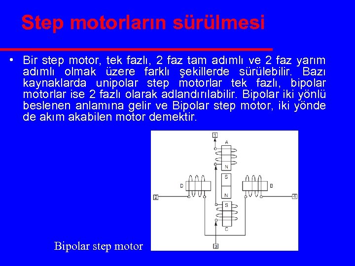 Step motorların sürülmesi • Bir step motor, tek fazlı, 2 faz tam adımlı ve