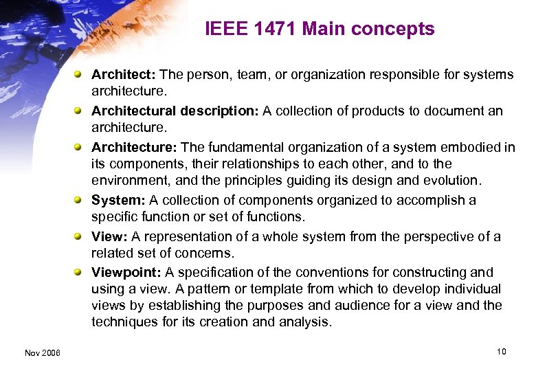 IEEE 1471 Main concepts Architect: The person, team, or organization responsible for systems architecture.