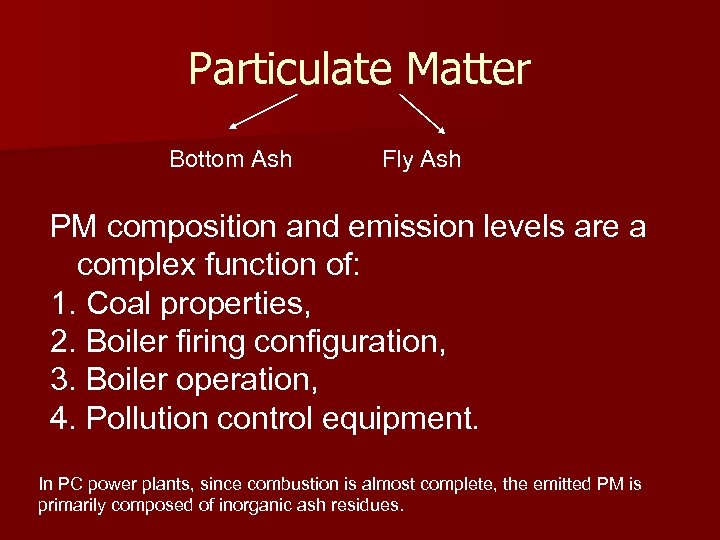 Particulate Matter Bottom Ash Fly Ash PM composition and emission levels are a complex