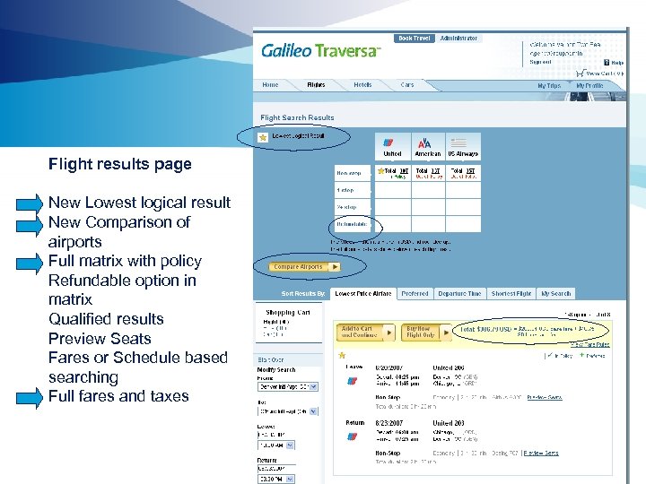 Flight results page New Lowest logical result New Comparison of airports Full matrix with