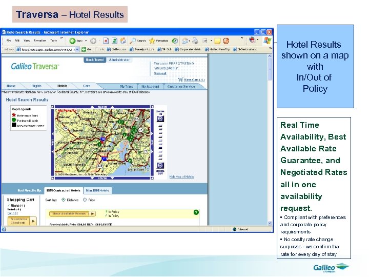 Traversa – Hotel Results shown on a map with In/Out of Policy Real Time