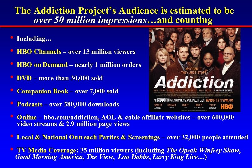 The Addiction Project’s Audience is estimated to be over 50 million impressions…and counting •