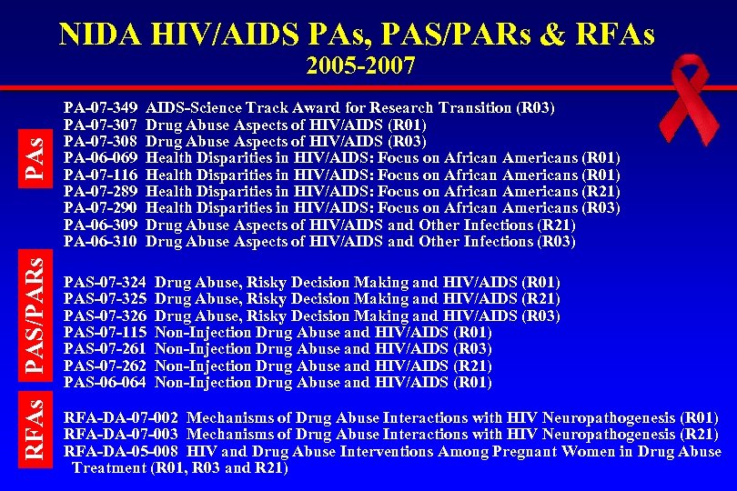 NIDA HIV/AIDS PAs, PAS/PARs & RFAs PAS/PARs PAs 2005 -2007 PA-07 -349 PA-07 -307