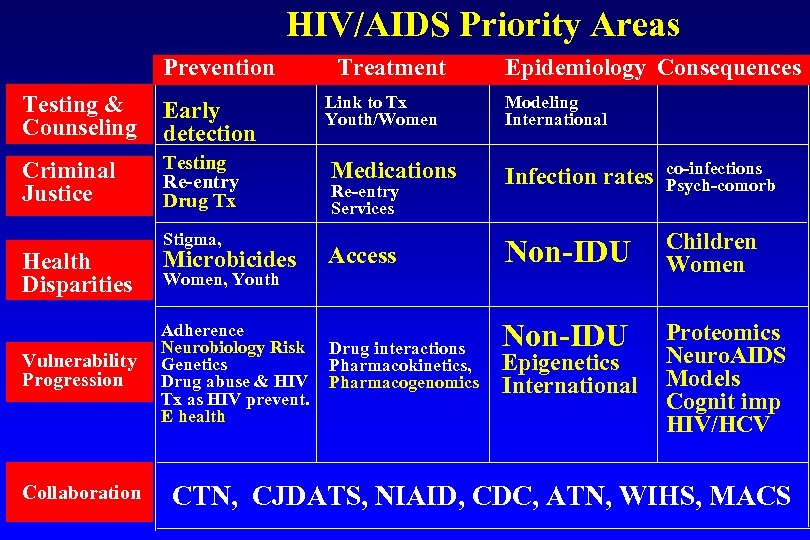 HIV/AIDS Priority Areas Prevention Testing & Counseling Early detection Criminal Justice Testing Re-entry Drug