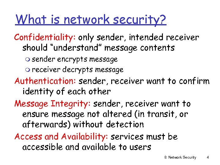 What is network security? Confidentiality: only sender, intended receiver should “understand” message contents m