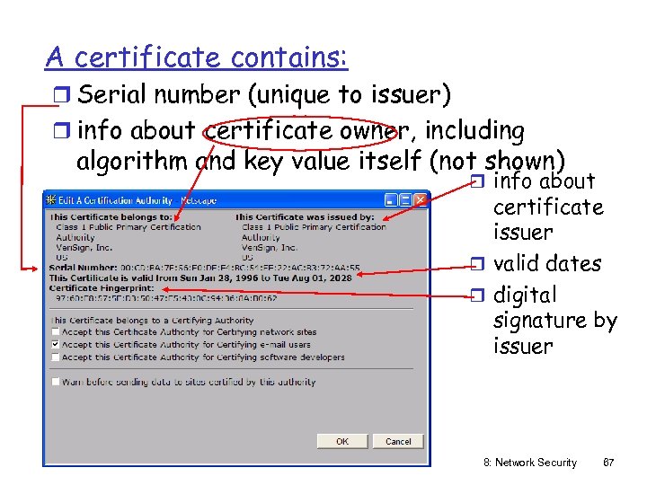 A certificate contains: r Serial number (unique to issuer) r info about certificate owner,