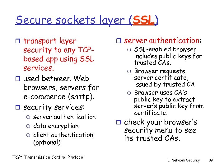 Secure sockets layer (SSL) SSL r transport layer security to any TCPbased app using