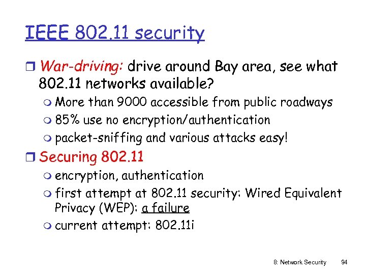 IEEE 802. 11 security r War-driving: drive around Bay area, see what 802. 11