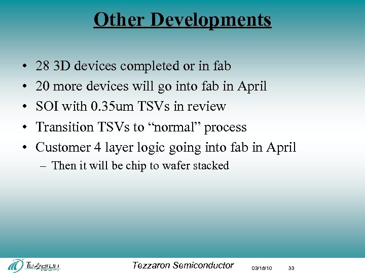 Other Developments • • • 28 3 D devices completed or in fab 20