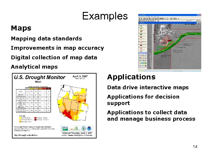 Examples Mapping data standards Improvements in map accuracy Digital collection of map data Analytical