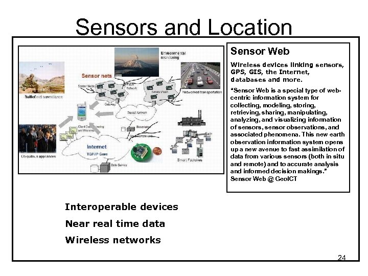 Sensors and Location Sensor Web Wireless devices linking sensors, GPS, GIS, the Internet, databases