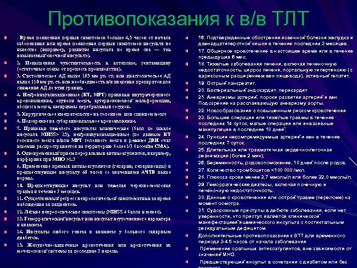 Противопоказания к в/в ТЛТ. Время появления первых симптомов больше 4, 5 часов от начала