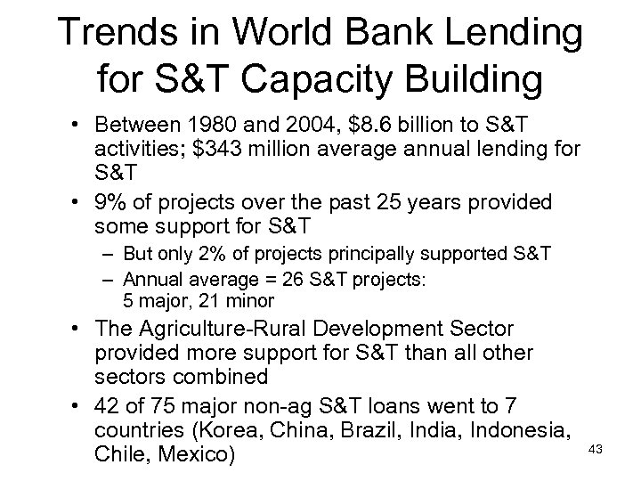 Trends in World Bank Lending for S&T Capacity Building • Between 1980 and 2004,