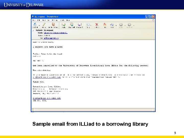 Sample email from ILLiad to a borrowing library 5 