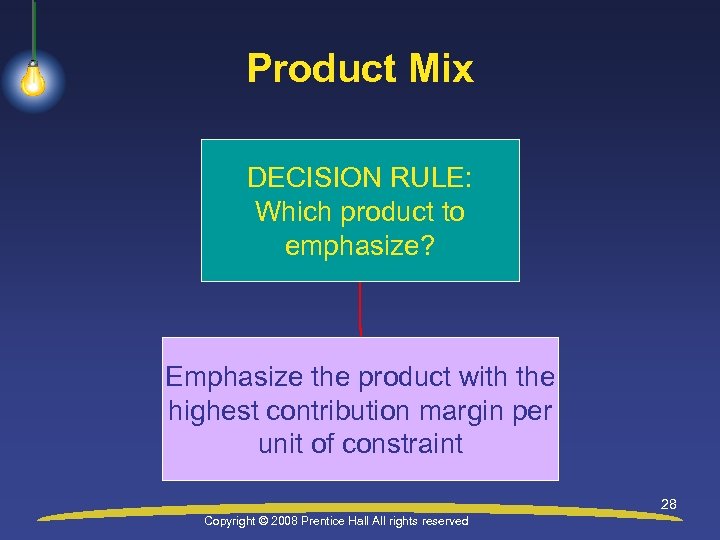 Product Mix DECISION RULE: Which product to emphasize? Emphasize the product with the highest