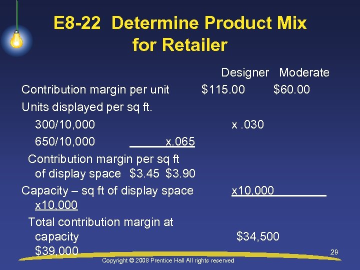 E 8 -22 Determine Product Mix for Retailer Contribution margin per unit Units displayed