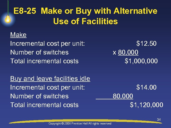 E 8 -25 Make or Buy with Alternative Use of Facilities Make Incremental cost