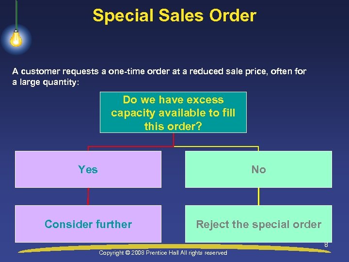 Special Sales Order A customer requests a one-time order at a reduced sale price,