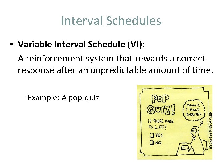 Interval Schedules • Variable Interval Schedule (VI): A reinforcement system that rewards a correct