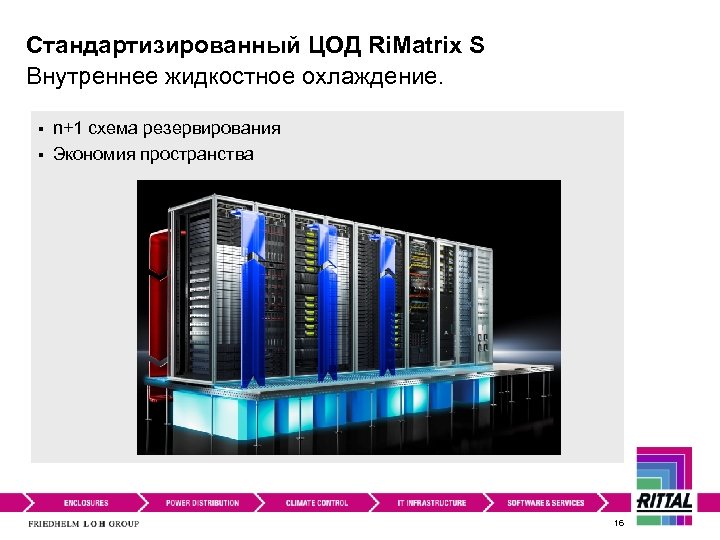 Стандартизированный ЦОД Ri. Matrix S Внутреннее жидкостное охлаждение. n+1 схема резервирования § Экономия пространства