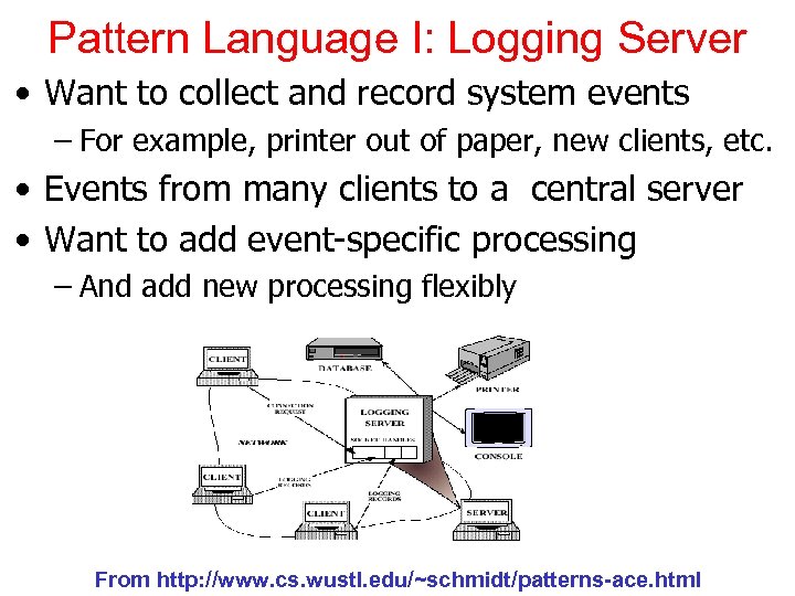 Pattern Language I: Logging Server • Want to collect and record system events –