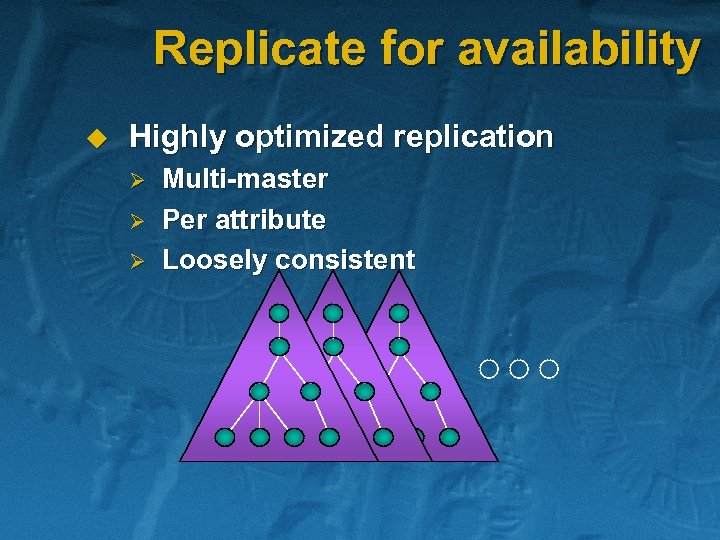 Replicate for availability u Highly optimized replication Ø Ø Ø Multi-master Per attribute Loosely