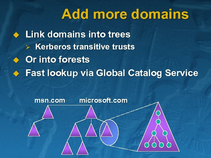 Add more domains u Link domains into trees Ø u u Kerberos transitive trusts