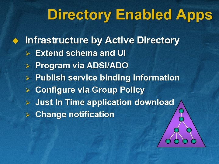 Directory Enabled Apps u Infrastructure by Active Directory Ø Ø Ø Extend schema and