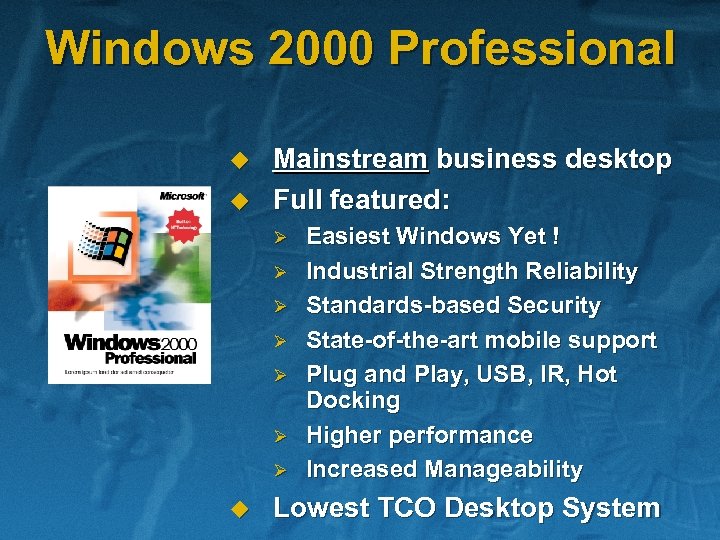 Windows 2000 Professional u u Mainstream business desktop Full featured: Ø Ø Ø Ø