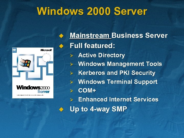 Windows 2000 Server u u Mainstream Business Server Full featured: Ø Ø Ø u