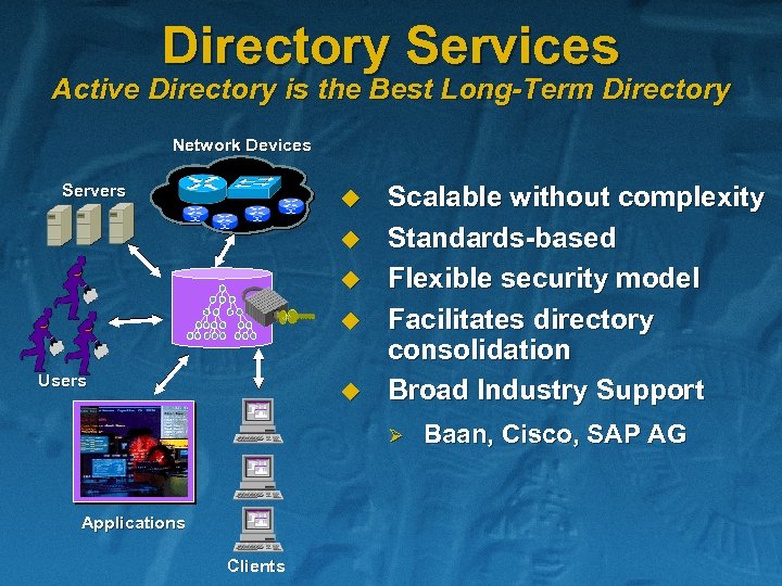 Directory Services Active Directory is the Best Long-Term Directory Network Devices Servers u u