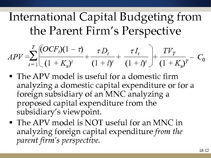 International Capital Budgeting from the Parent Firm’s Perspective T S APV = t=1 (OCFt)(1