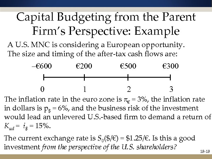 Capital Budgeting from the Parent Firm’s Perspective: Example A U. S. MNC is considering