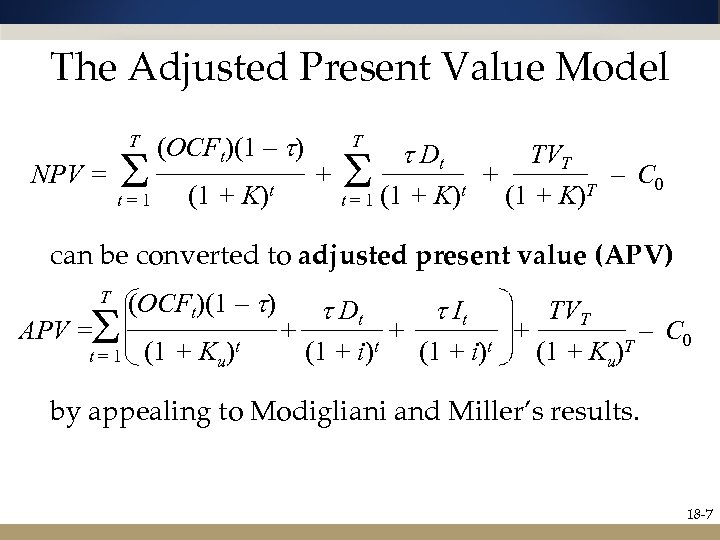 The Adjusted Present Value Model T NPV = S t=1 (OCFt)(1 – t) (1