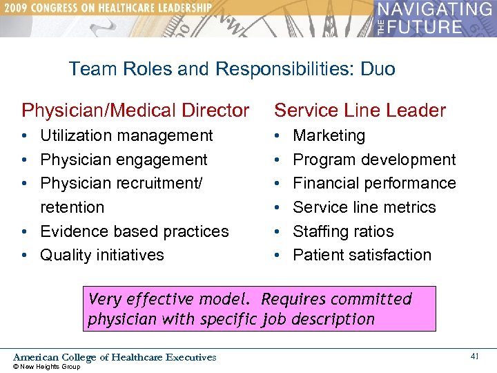 Team Roles and Responsibilities: Duo Physician/Medical Director Service Line Leader • Utilization management •