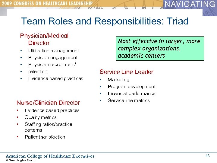 Team Roles and Responsibilities: Triad Physician/Medical Director • • • Utilization management Physician engagement