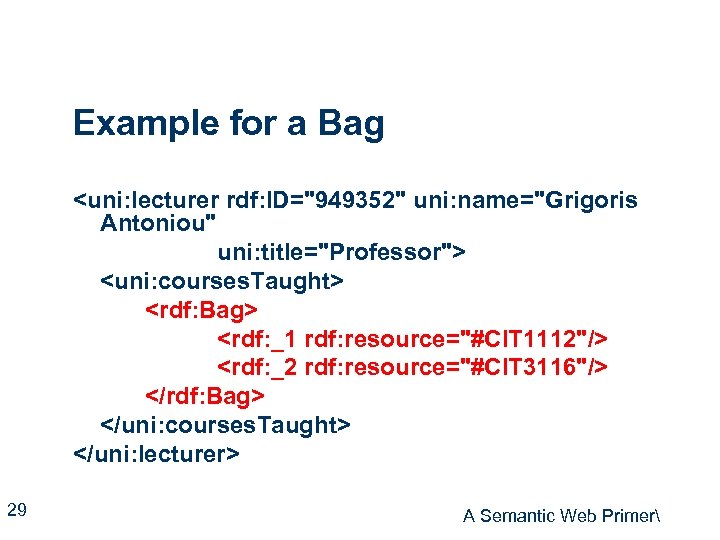 Example for a Bag <uni: lecturer rdf: ID="949352" uni: name="Grigoris Antoniou" uni: title="Professor"> <uni: