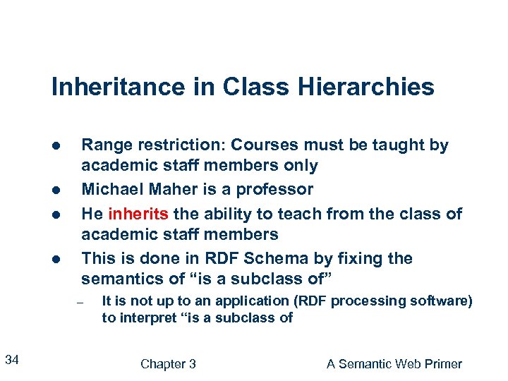 Inheritance in Class Hierarchies l l Range restriction: Courses must be taught by academic