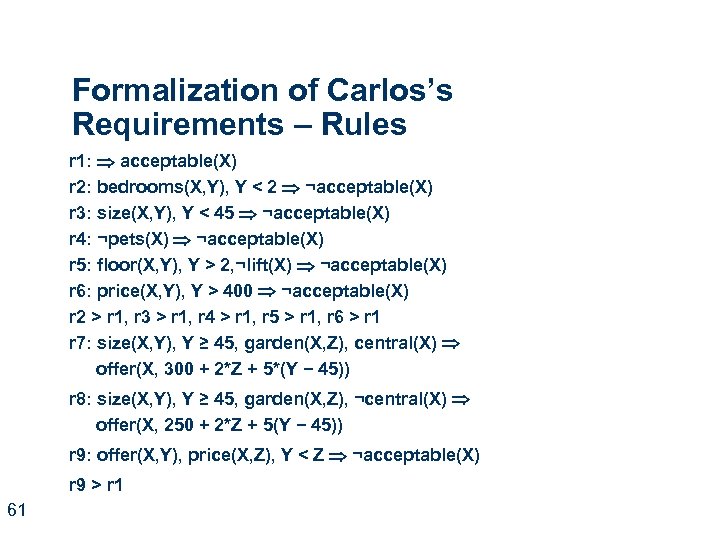 Formalization of Carlos’s Requirements – Rules r 1: acceptable(X) r 2: bedrooms(X, Y), Y