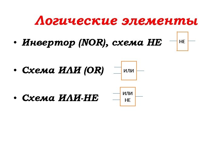 Логические элементы • Инвертор (NOR), схема НЕ • Схема ИЛИ (OR) ИЛИ • Схема