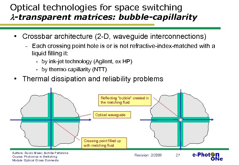 Optical technologies for space switching -transparent matrices: bubble-capillarity • Crossbar architecture (2 -D, waveguide
