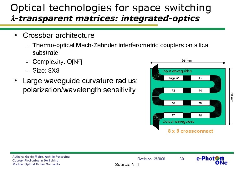 Optical technologies for space switching -transparent matrices: integrated-optics • Crossbar architecture - Thermo-optical Mach-Zehnder